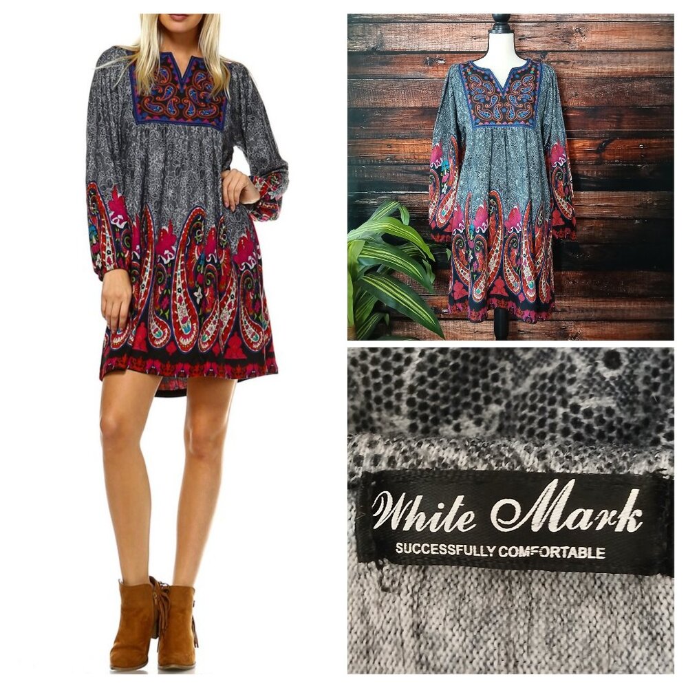 White Mark Dress L Appoline Boho Soft Knit Embroidered Long Puff Sleeve